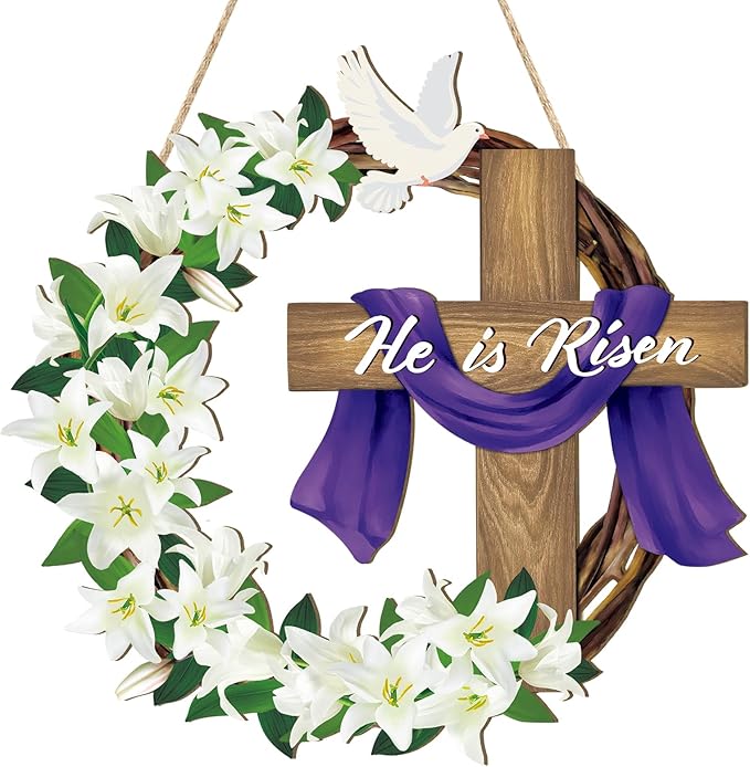 He is Risen Easter Decoration Wooden Wreaths for Front Door Sign Cross Sign Door Wall Signs, Christian Jesus Lily Flowers Ornaments Hanging Crafts for Spring Home Farmhouse Party Porch Decor