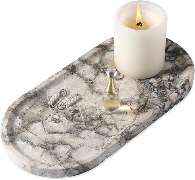 Koville Turkish Natural Travertine Tray, 12"x6" Vanity Decorative Tray for Countertop Organizer, Catchall Tray for Perfume, Candles, Jewelry Dish