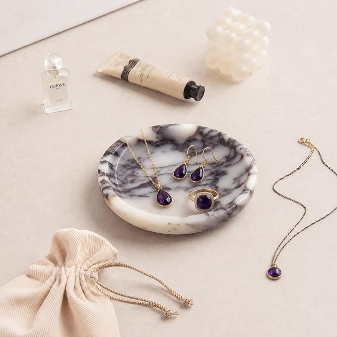 Small Natural Marble Jewelry Tray Key Plate Holder Dish Trinket Decor Catch All Bowl for Ring Earring Stone Gift for Women Daugther,Calacatta Viola,5.5"