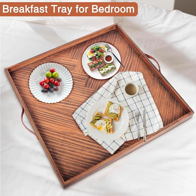 SXNOWS Wooden Serving Tray with Leather Handles, 24x24 in | Large Square Wood Tray,Perfect for Ottoman Coffee Table Living Room and Kitchen, Rustic Gift for Home Decor