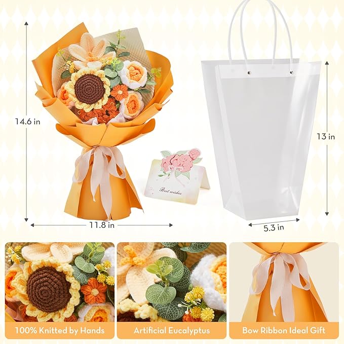 Alecono Crochet Flower Bouquet, Orange Knitted Flowers, Crochet Sunflower Flower for Lover Valentines Day Anniversary Birthday Party Mother's Day Graduation Gifts (Include Card)