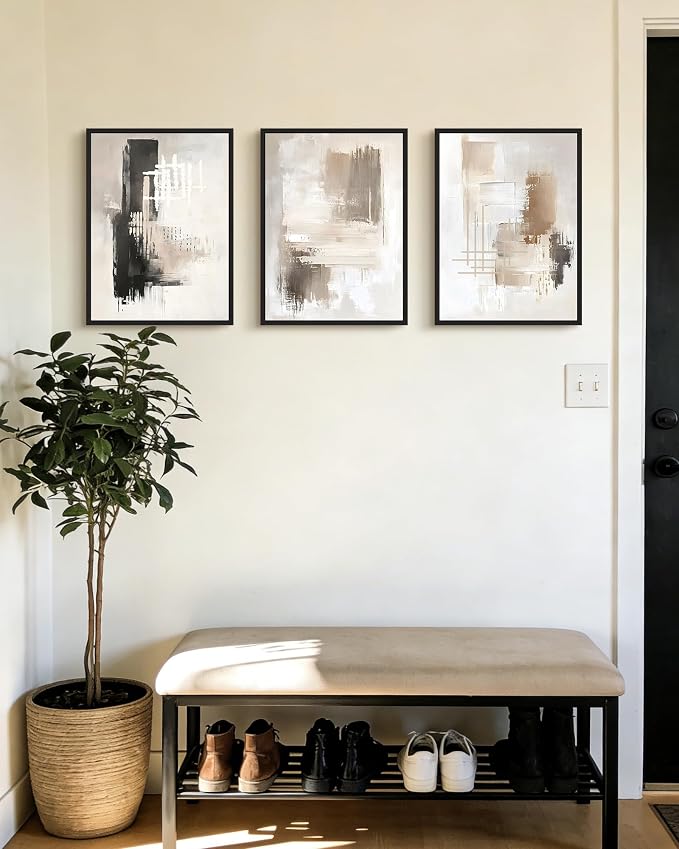PHOPAGO Abstract Framed Wall Art Mid Century Modern Minimalist Beige Pastel Watercolor Neutral Wall Decor for Living Room Bedroom - 12x16in Black Framed