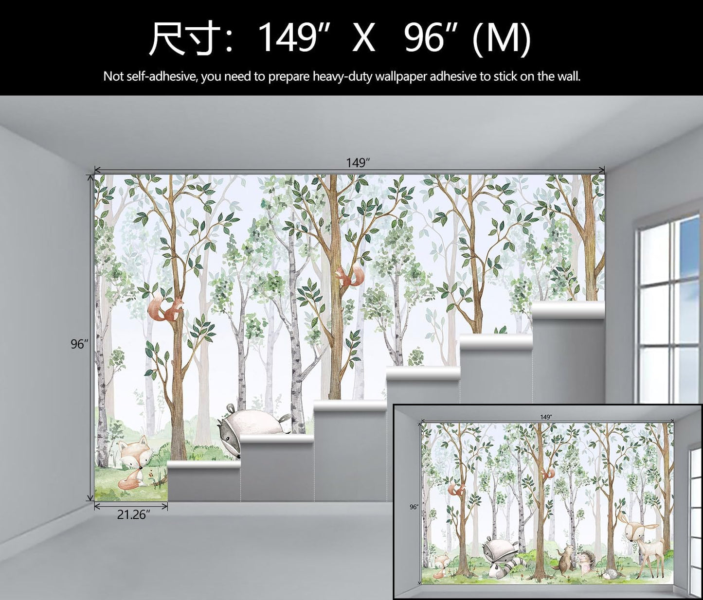 WFBHUA-Kids Wallpaper Watercolor Forest Cartoon Animals Wall Murals Suitable for Nursery Boys Girls Bedroom Room (Not Peel and Stick)