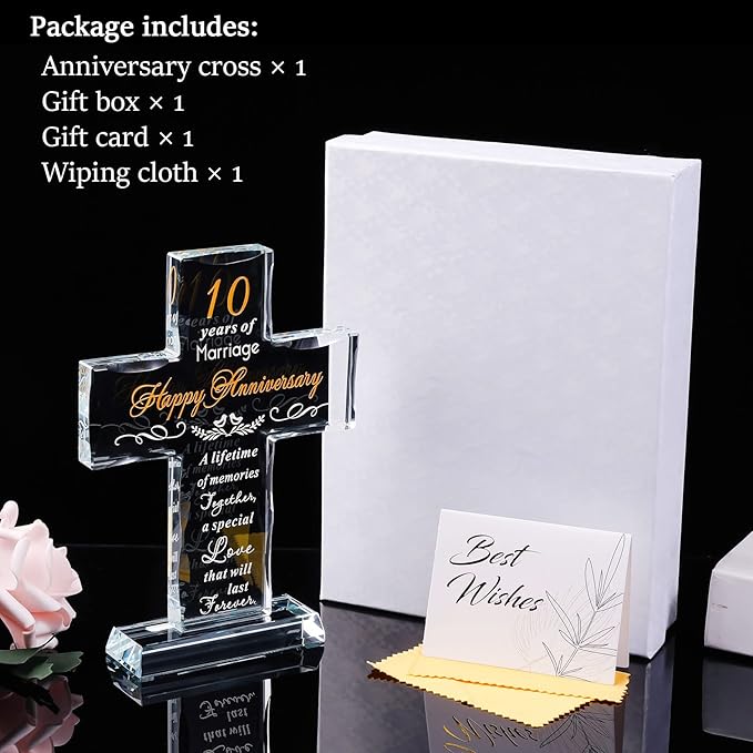 YWHL Happy 10 Year Anniversary Glass Cross Gifts for Wife, 10th Wedding Anniversary Religious Gifts for Couple, Home Party Decoration