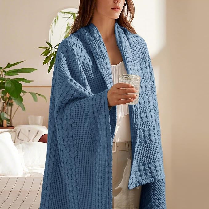 PHF 100% Cotton Waffle Throw Blanket for Couch, Lightweight Breathable and Soft for Summer, Luxury Aesthetic Waffle Weave Blanket for Home Decor & Office, Gifts for Women, 50"x60", Denim Blue