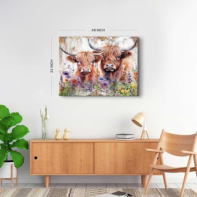 Farmhouse Highland Cow Wall Art Extra Large Flower Cow Pictures Wall Decor Western Animal Scottish Cattle Painting Canvas Prints Living Room Rustic Country Farm Artwork Bedroom Home Decorations 32x48"