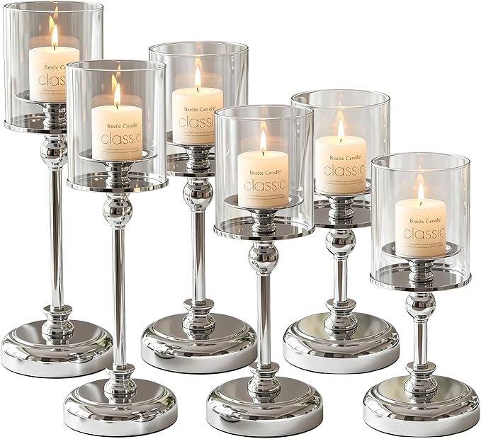 Sliver Hurricane Candle Holders - Set of 6 Tall Candlestick Holders Windproof Taper Candle Holders, Metal Stand for Table Centerpiece Outdoor Indoor Wedding Party Holiday Decor