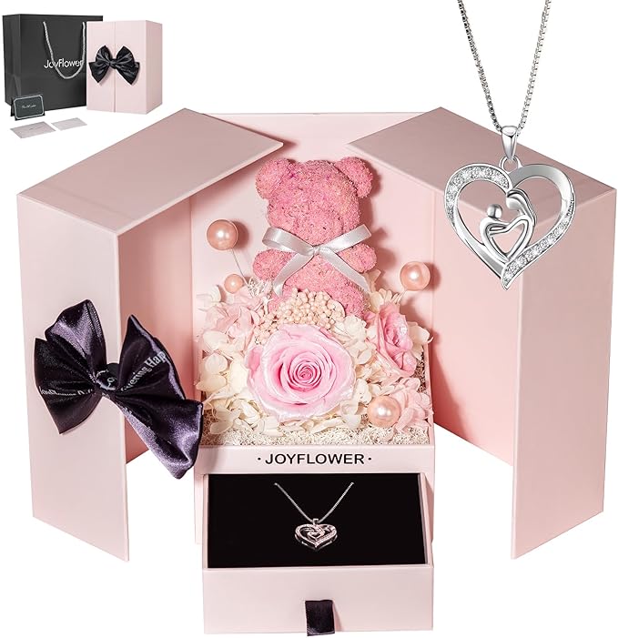 JoyFlower Preserved Flowers with Necklace Gifts for Mom, Unique Pearl Rose Eternal Flower Bear with Necklace Gift for Grandma, Preserved Real Pink Roses Mother's Day Birthday Gift for Mother Grandma