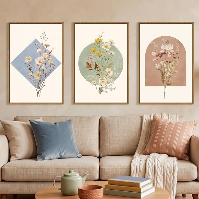 Large Vintage Wildflower Botanical Framed Canvas Wall Art Set,Watercolor Calming Floral Wall Painting,Minimalist Boho Flower Artwork for Living Room,Dining Room,Office Decor-16 x24 x3