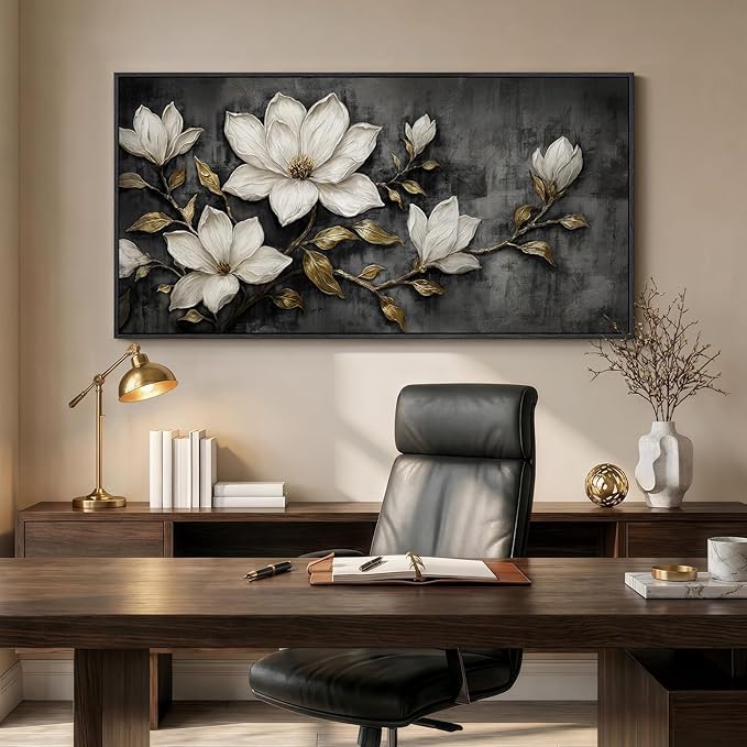Large Framed Black and White Floral Wall Art for Living Room, Modern Magnolia Botanical Canvas Prints Paintings, Elegant Flower with Gold Leaves Pictures for Dining Room Office Wall Decor, 60x30 Inch