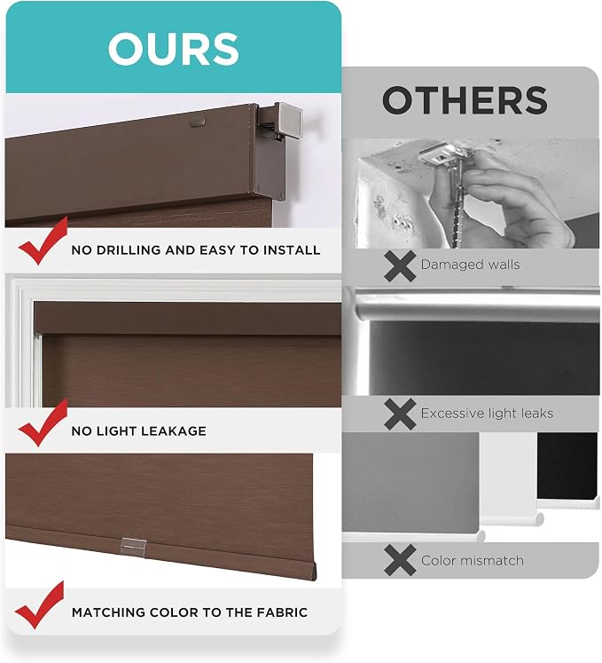 Joydeco No Drill Blackout Shades, Free-Stop Cordless Roller Shades, UV Protection, Thermal Insulated Blinds for Indoor Windows, Easy Install Window Blinds for Home and Office (Coffee, 28" W X 75" H)