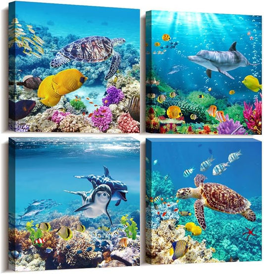 MHARTK66 Canvas Wall Art - Coral and Fish Modern Home Decor Stretched and Framed Ready to Hang Ocean Theme Sea fish and sea turtles Mediterranean Style Canvas Prints The bathroom wall decor- 4 Panels