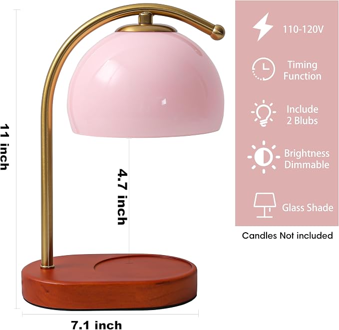 FCTWAKS Mid Century Pink Glass Candle Warmer Lamp with Timer & Dimmer, Mothers Day Birthday Gifts for Women Mom, House Warming Gifts New Home, Wax Warmer Lamp for Bedroom Decor with 2 Bulbs