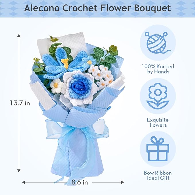 Alecono Crochet Flower Bouquet, Knitted Flowers, Blue Handmade Bouquet of Flowers for Lover Anniversary Birthday Party Mother's Day Graduation Gifts (Include Card)