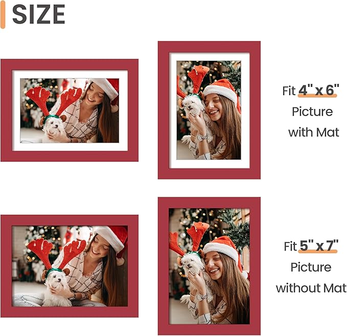upsimples 5x7 Picture Frame, Display Pictures 4x6 with Mat or 5 x 7 Without, Wall Hanging Photo Frames, Red, 1 Pack