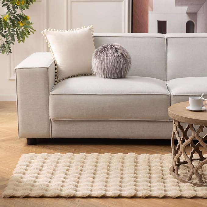 Ashler Faux Rabbit Fur Rug, Beige 4x6 FT Fluffy Soft Area Rugs, Rectangle Fuzzy Carpet for Living Room, Bedroom, Machine Washable - 3D Bubble Rug