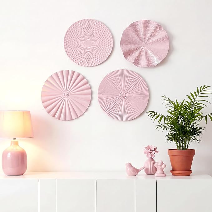 Hicarer 4 Pcs 12 Inch Metal Wall Art Decor Sunburst Hanging Metal Artwork Decor Wall Art Decorations for Home Living Room Office Gift for Christmas (Pink)