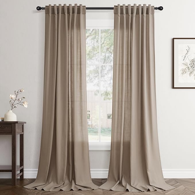 Jowels Dark Taupe Linen Curtains 90 Inch Long 2 Panels for Living Room | Light Filtering Semi Sheer Curtain, Back Tab Pocket Pleated Look, Boho Farmhouse Textured Privacy Drapes for Bedroom Window