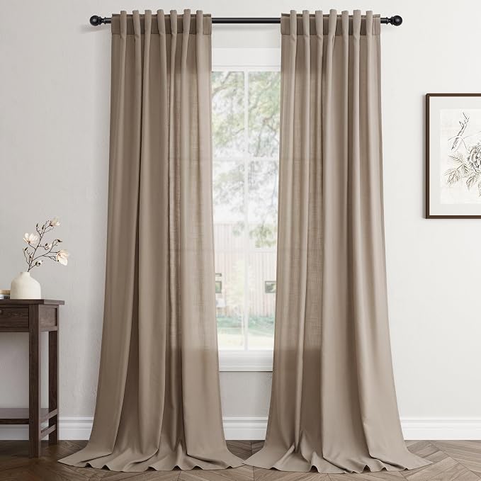 Jowels Dark Taupe Linen Curtains 108 Inch Long 2 Panels for Living Room | Light Filtering Semi Sheer Curtain, Back Tab Pocket Pleated Look, Boho Farmhouse Textured Privacy Drapes for Bedroom Window