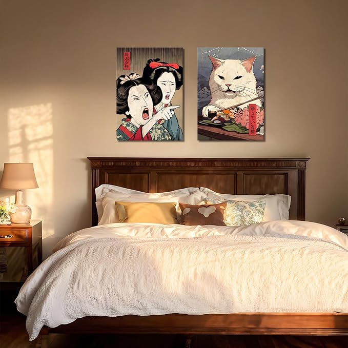 Funny Anime Posters Japanese Decor Set of 2 - Woman Yelling at Cat Canvas Wall Art, Vintage Anime Cat Wall Decor for Living Room, Corridor, Kitchen Home Decor - 12x16 in Framed