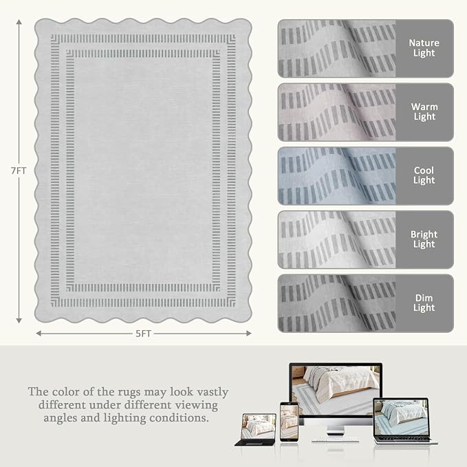 Washable Rug 5x7 Area Rugs for Living Room, Solid Grey Rug Non Slip Scalloped Carpet with Rubber Back, Soft Low Pile Rugs for Nursery Bedroom Dorm