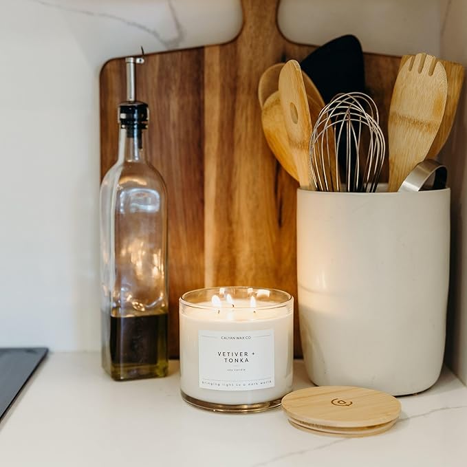 Calyan Wax Co. Vetiver & Tonka 3 Wick Scented Candle - 43 Hour Burn - Luxury 3 Wick Soy Candles - Clean Soy Wax Candles - Long Lasting Large Glass Jar Candle for Home - 14.9oz