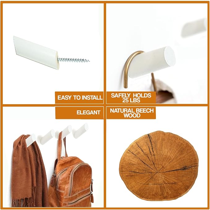 Wood Wall Hooks, 6 Pack | Modern, Decorative White Wooden Hangers Wall Mounted | Coat Hooks | Hook for Hanging Backpage, Robe, Hat, Towel, Coat, Purse, Bag