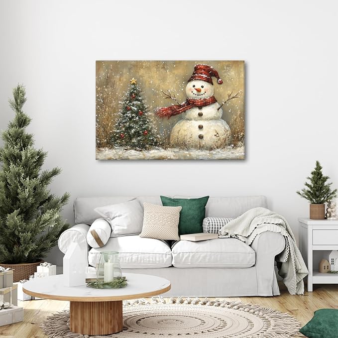 Vintage Christmas Canvas Wall Art Farmhouse Style Painting Home Decoration 32x48in,Christmas Tree Poster Funny Snowman Picture Print Retro Winter Snowy Artwork for Living Room Bedroom Ready to Hang
