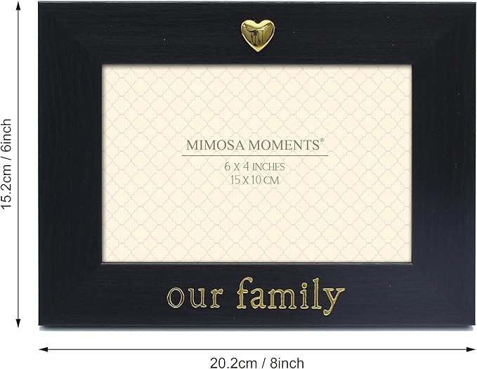 MIMOSA MOMENTS "Our Family Black 4x6 Picture Frame with Gold Heart Ornament, Tabletop Display, Family Photo Frame for Home Decor, Gift for Housewarming, Christmas, Home Keepsake