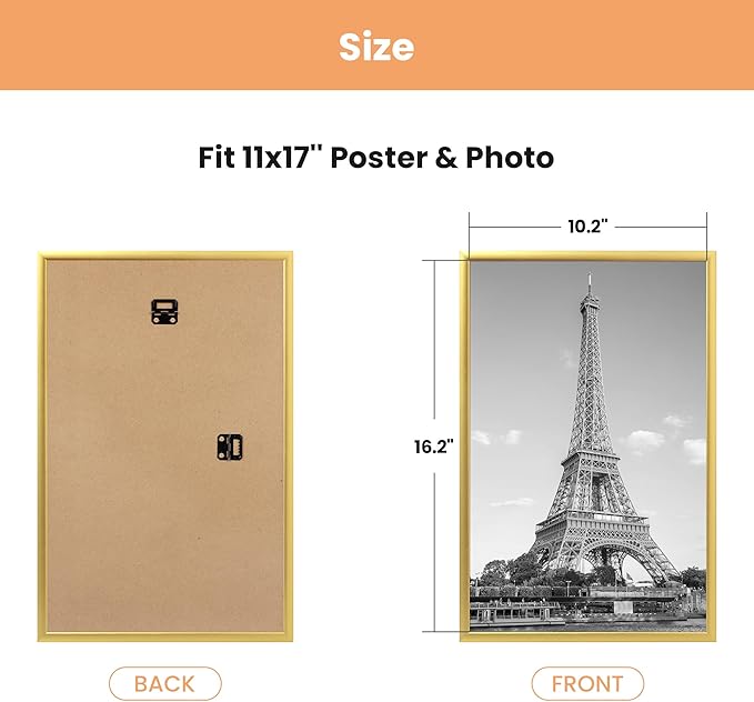 upsimples 11x17 Picture Frame Gold 3 Pack, Scratch-Proof 11 x 17 Poster Frames for Photo Gallery - Slide-In Strips, Horizontal or Vertical Wall Mounting