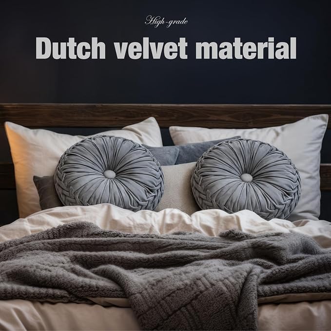 Beeveer 2 Pcs Round Throw Pillows 15 Inch Decorative Velvet Pleated Pumpkin Pillows Boho Floor Pillow with Center Button for Living Room Couch Chair Bed Sofa Home Decoration (Gray)