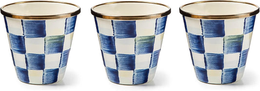 MACKENZIE-CHILDS Enamel Herb Pots, Small Plant Pots for Herbs or Flowers, Set of 3, Blue-and-White Royal Check