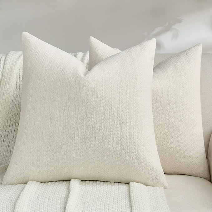 FUTEI Cream Chenille Throw Pillow Covers 24x24 Inch Set of 2,Soft Striped & Diamond Textured European Cushion Cases,Modern Home Decor for Couch Living Room