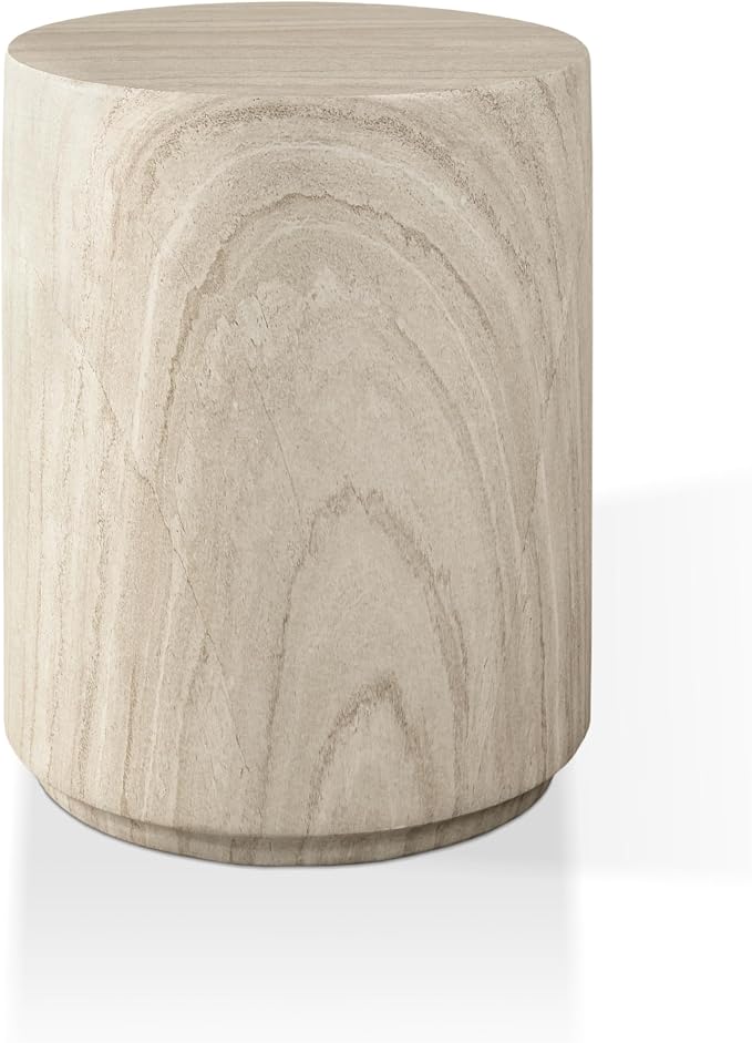 24/7 Shop at Home Ranera Modern 14-inch Natural Stone Side Table with Round Drum Base, Marble Nightstand, Patio End Table, for Living Room, Covered Outdoor Spaces, Balcony, Beige Travertine