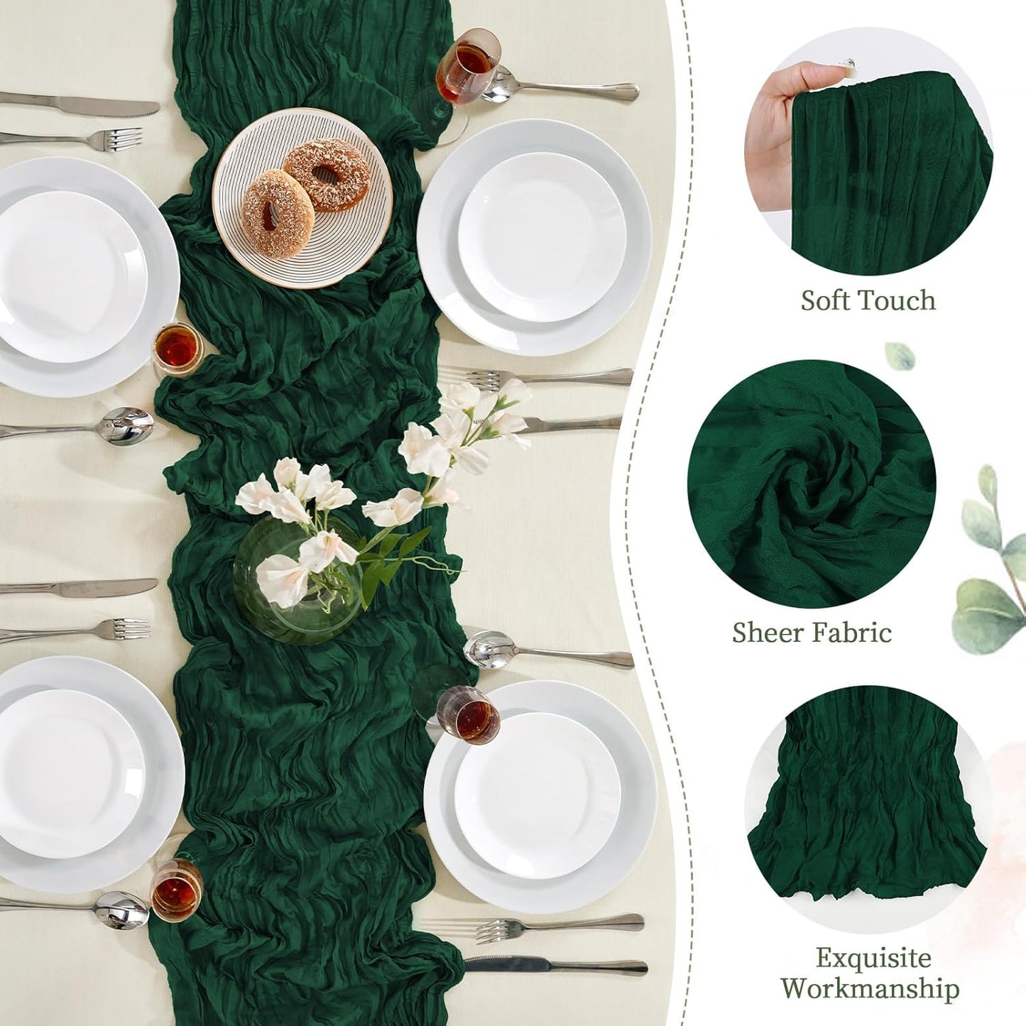 6 Pack Emerald Green Cheesecloth Table Runner 10FT Long Boho Gauze Table Runner Rustic Sheer Runner for Wedding Bridal Baby Shower Birthday Party Table Decor Fall Thanksgiving Christmas Decorations