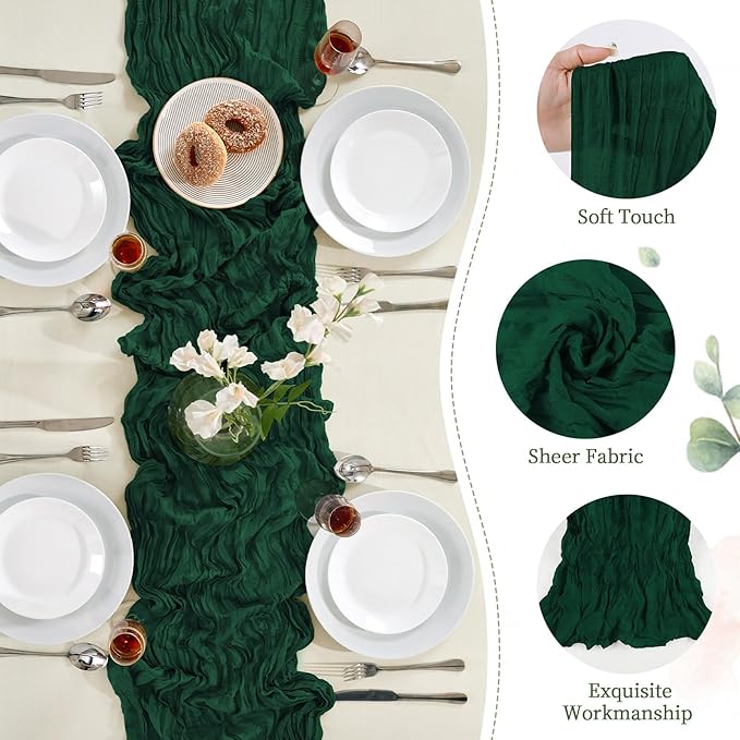 6 Pack Emerald Green Cheesecloth Table Runner 10FT Long Easter Spring Boho Gauze Table Runner Rustic Sheer Runner for Wedding Bridal Baby Shower Birthday Party Table Decor Easter Decorations