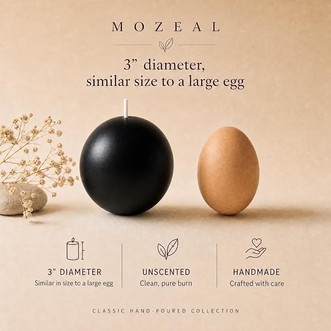 MOZEAL Hand-Poured, 3 Inch Black Round Ball Candles - Elegant Black Round Pillar Candles Set of 3, Dripless, Unscented, Smokeless, Ideal for Halloween Decor.