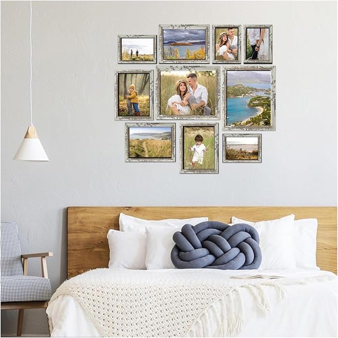 Picture Frames Collage Wall Decor, 10 PCS Picture Frames Including 8x10, 5x7, 4x6, Gallery Wall Frame Set for Wall Mounting or Tabletop Display, Family Photo Frames, Rustic White
