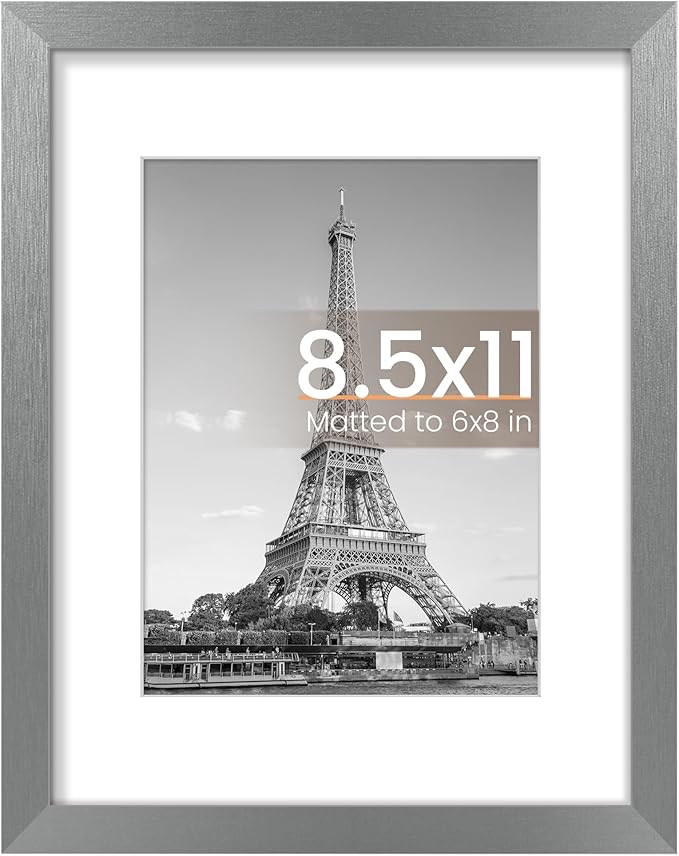 upsimples 8.5 By 11 Picture Frame, Display Pictures 6x8 with Mat or 8.5 x 11 Without, Wall Hanging Photo Frames, Metallic Gray, 1 Pack