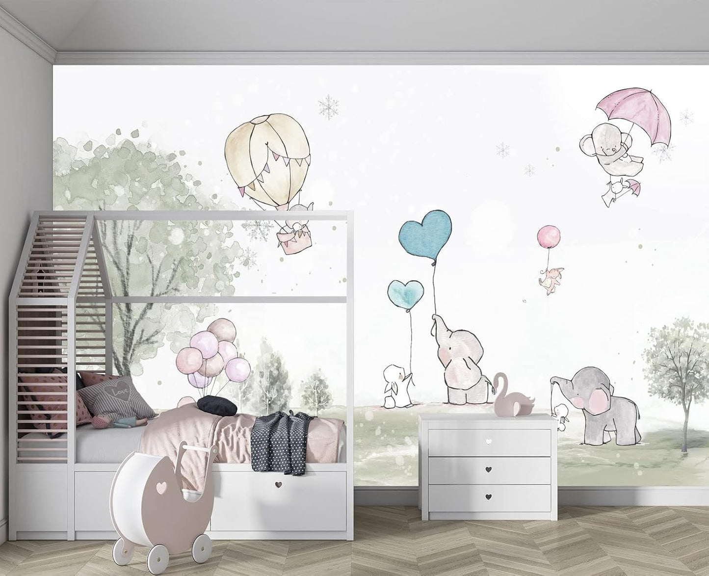 Cartoon Elephant Rabbit Balloon Nursery Wall Mural Wallpaper 137" x 100"