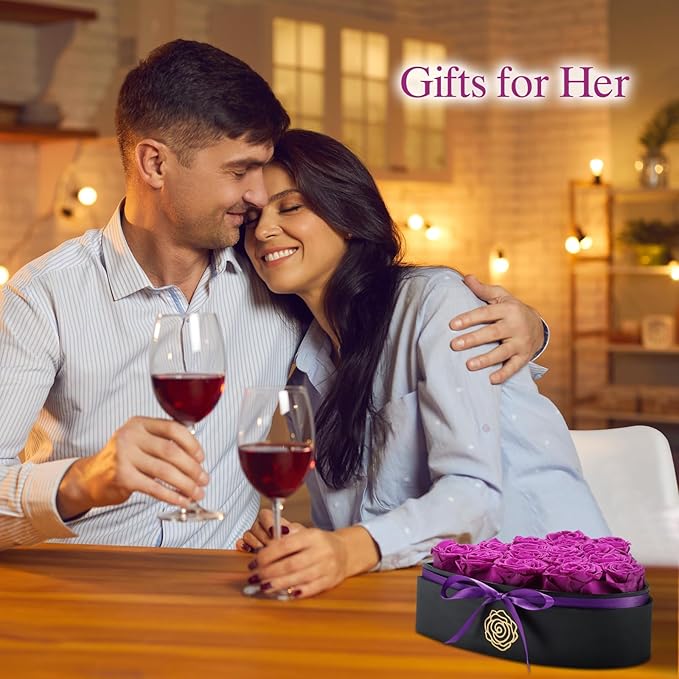 HERBMOTG 16 Forever Real Roses in Heart-Shaped Box with a Curved Design, Grade A Quality-Preserved Roses for Birthday, Mothers Day & Valentines Day (Purple)