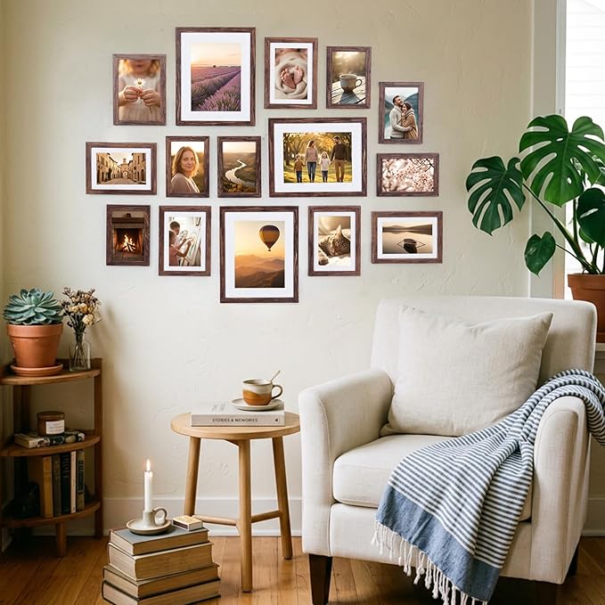 Fixwal Picture Frames Set, Gallery Wall Frame Set Picture Frames Collage 15 Pack for Wall or Tabletop with 8x10 5x7 4x6 Frames, Rustic Brown