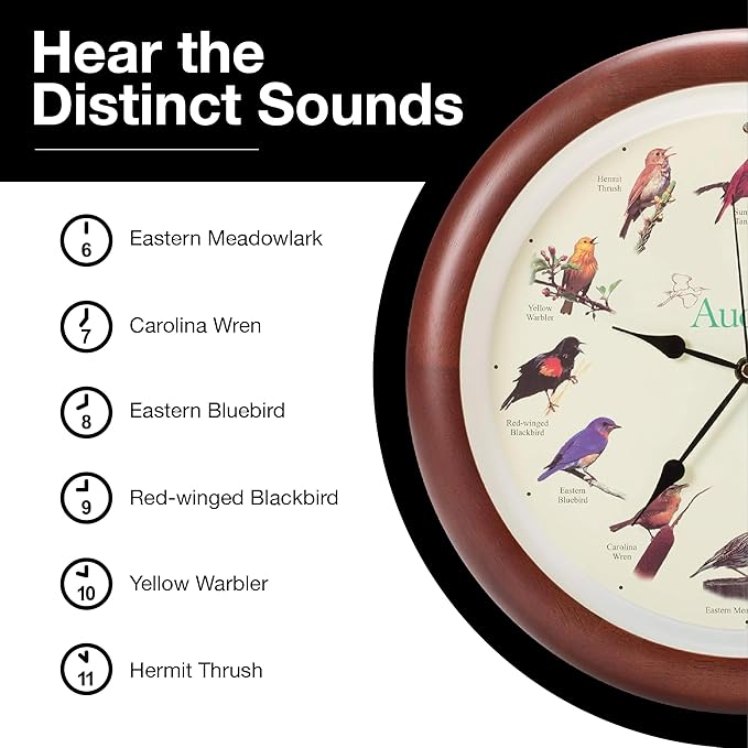 Mark Feldstein, Audubon Singing Bird Wall Clock, 13 Inch, Premium Cherry
