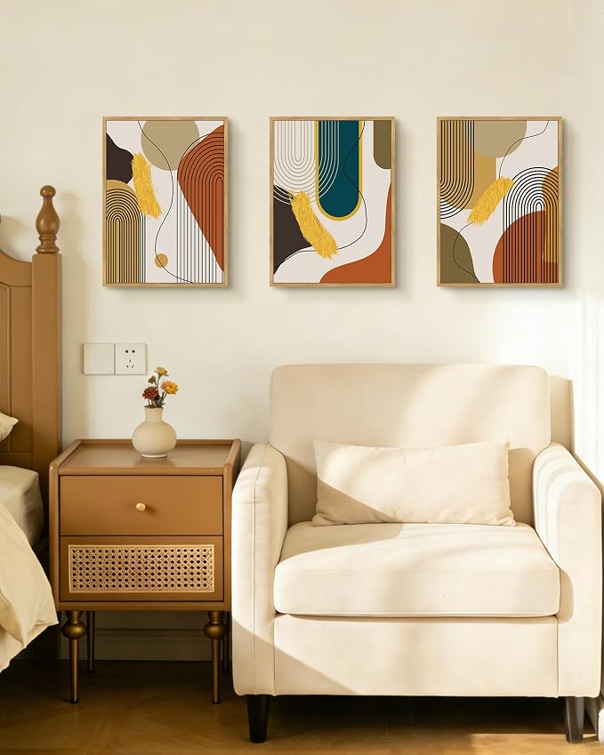 PHOPAGO Boho Abstract Framed Wall Art Mid-Century Modern Bohemain Minimalist Luxury Gold Line Artwork Kitchen Dining Room Decor - 11x14in Natural Framed