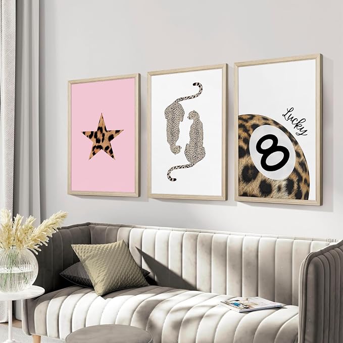 Leopard Wall Art Cheetah Canvas Prints Lucky 8 Ball Wall Decor Fashion Leopard Poster Aesthetic Pictures Trendy Cheetah Painting Preppy Pink Artwork for Living Room Bedroom 16x24x3 Inch Wood Framed