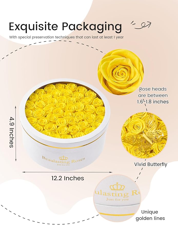 47 Preserved Roses Forever Flowers Real Roses in a Box Mother's Day Birthday Flowers for Her Mom Women Wife Valentine's Day, Yellow Roses
