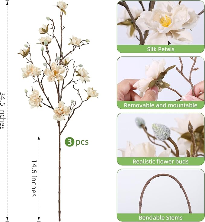 HyeFlora 3PCS Artificial Magnolia Flowers Stems for Spring Decoration, Faux Champagne Magnolia Branches with Buds, 34.5" Long Stems Floral Arrangement for Vase Pot Table Centerpiece Indoor Decor