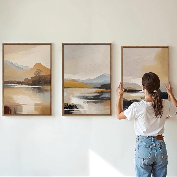 Tinonedraw Beige Abstract Mountain Framed Canvas Wall Art, Mid Century Modern Wall Decor, Rustic Golden Hour Lake Artwork, Neutral Nature Landscape Art Paintings for Living Room Bedroom 16"x24"x3