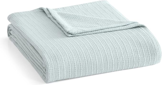 Martha Stewart - Queen Bed Blanket, 100% Cotton Textured Basket Weave Bedding, Breathable & Lightweight Blanket for Couch or Bed, Bedford Tile Blue