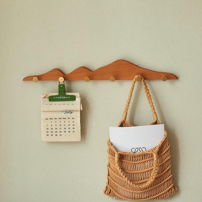 Elegant Wall Coat Rack with Hooks Cherry Wood Solid Coat Hanger Wall Mount with 6 Brass Hooks, Moisture-Resistant Wax Oil Finish for Home (Cherry, 6 Hooks)